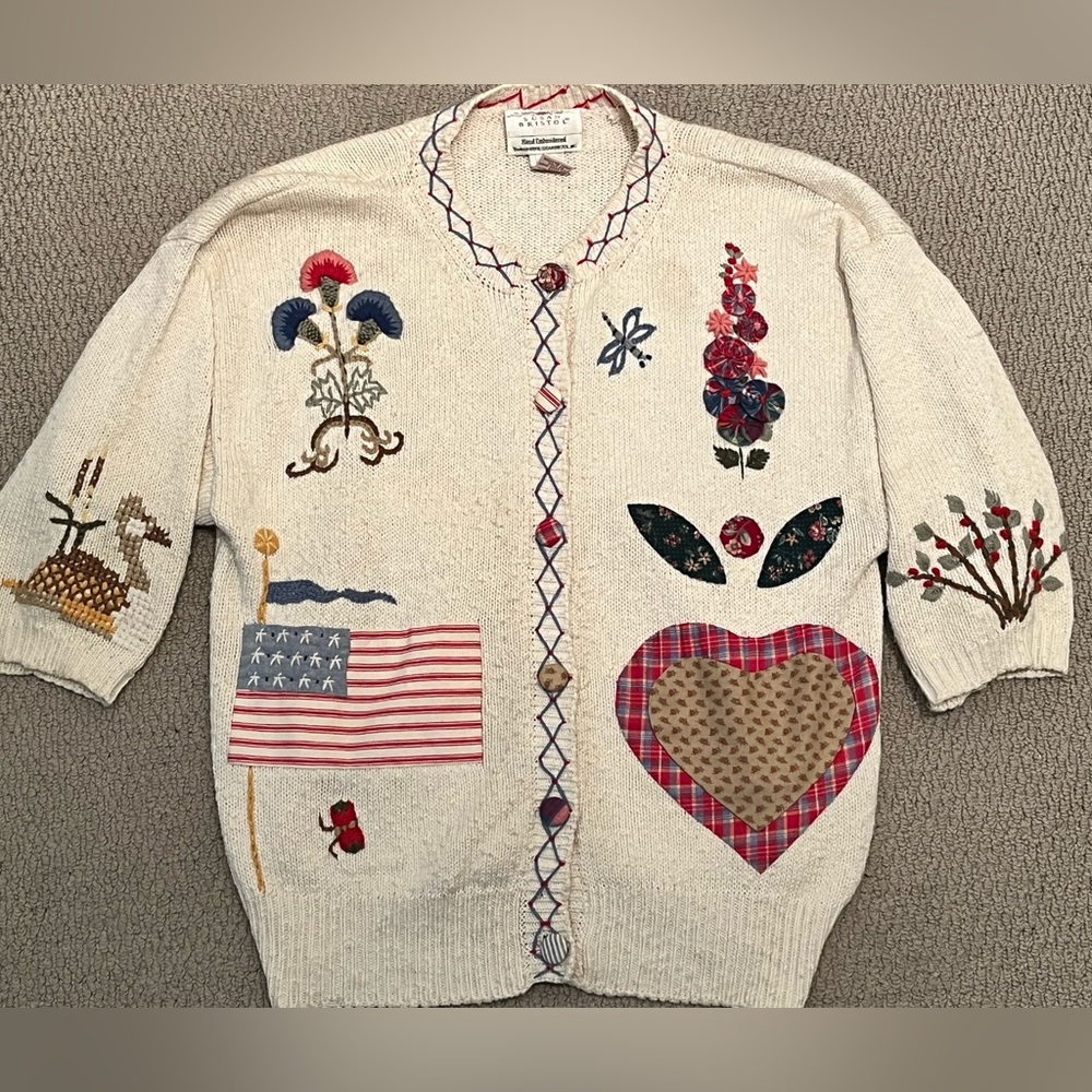 Vintage Susan Bristol Cream Teacher Cardigan Sweater Size M  Hand Embroidered